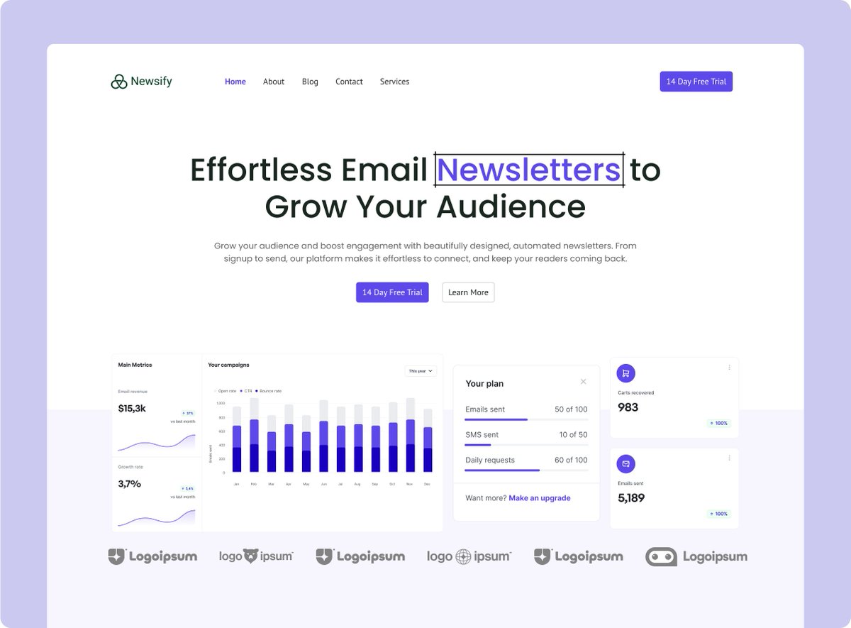 Afnan @ GridPixels (@gridpixels) on Twitter photo Newsletter SaaS Landing page design 
full landing page coming soon 🥳 Newsletter SaaS Landing page design 
full landing page coming soon 🥳