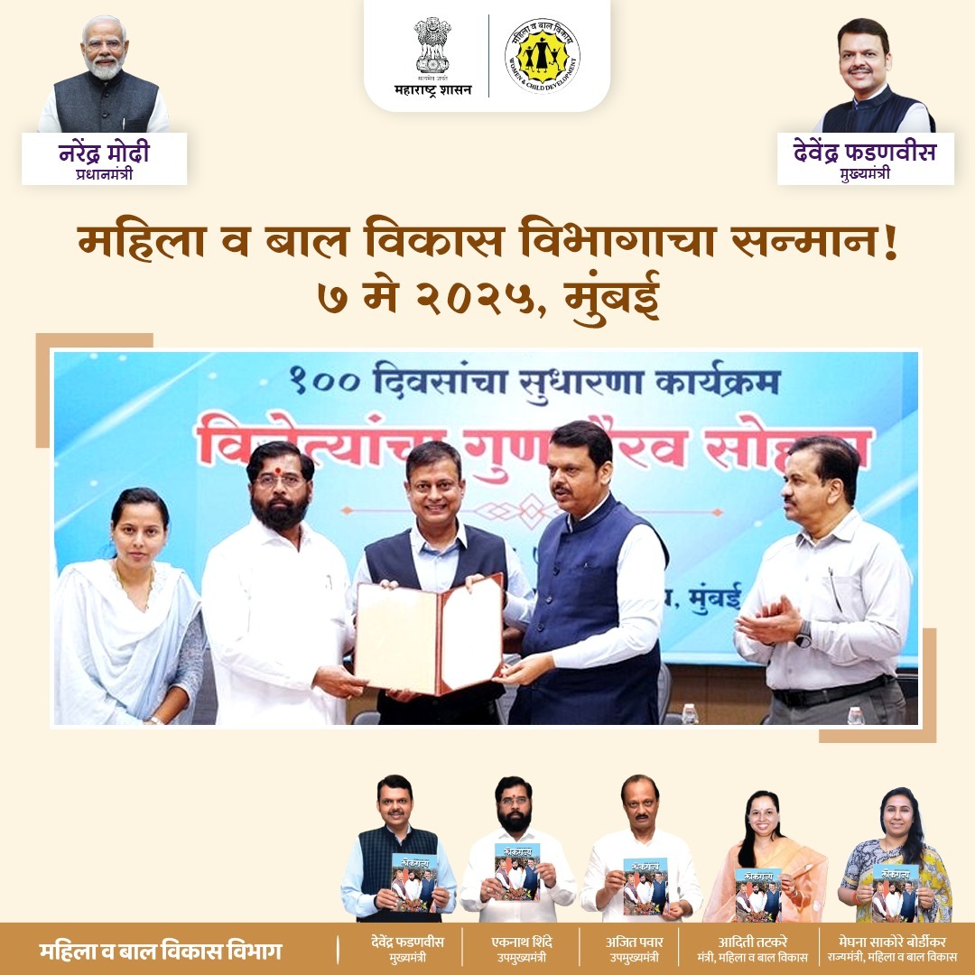 wcd_maharashtra's tweet photo. महिला व बाल विकास विभागाचा सन्मान! 

शासनाच्या 100 दिवसांच्या कार्यालयीन सुधारणा मोहिमेत महिला व बाल विकास विभागाने संपूर्ण राज्यात प्रथम क्रमांक पटकावला.

या यशासाठी मा. मुख्यमंत्री श्री. देवेंद्र फडणवीस यांच्या हस्ते विभागाला सन्मानपत्र प्रदान करण्यात आले. https://t.co/bFc5ar0I5a
