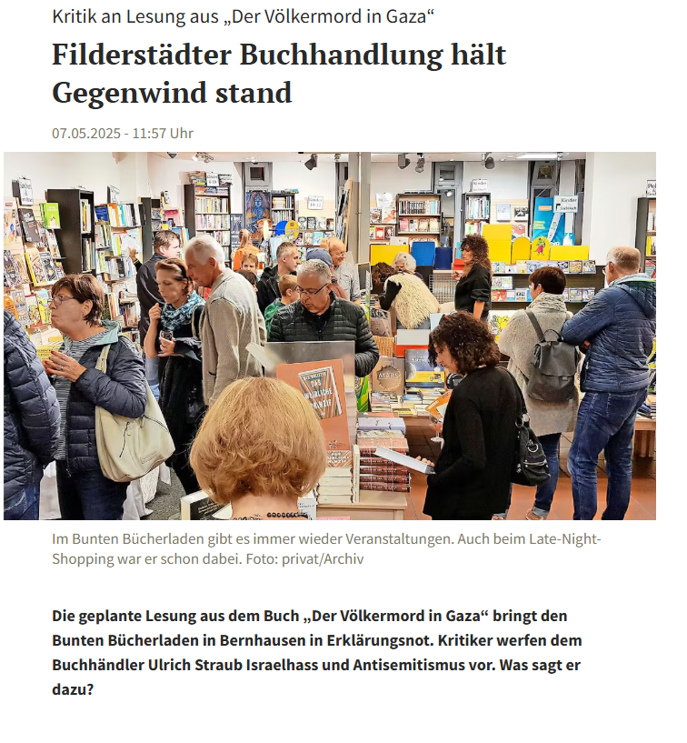 Gegenwind zur Buchpräsentation mit Helga Baumgarten und Norman Paech in Filderstadt bei Stuttgart - es geht um ihr gemeinsames Buch "Völkermord in Gaza. Eine politische und rechtliche Analyse":  stuttgarter-zeitung.de/inhalt.kritik-… 
#Gaza #palästina