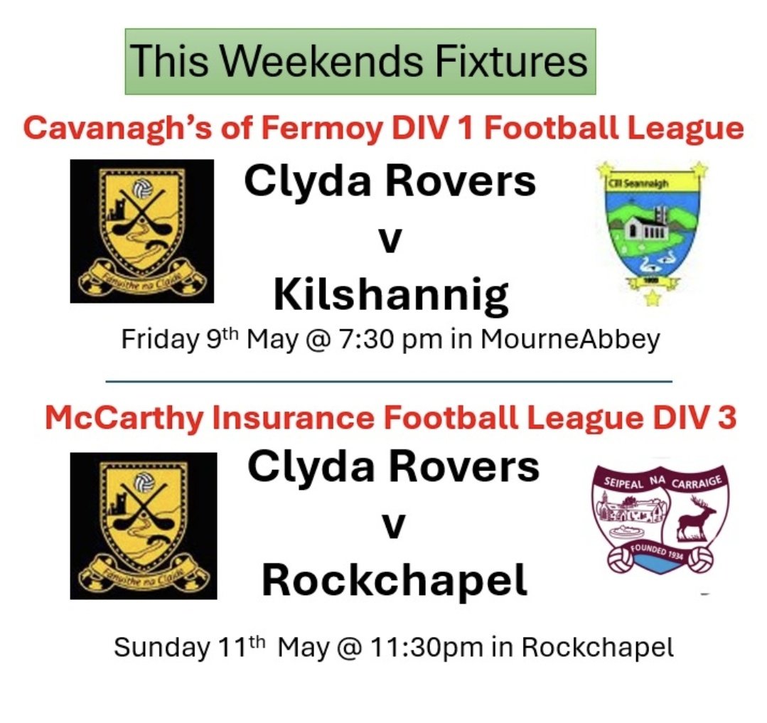 Clyda Rovers GAA (@clydaroversgaa) on Twitter photo This weekend's fixtures. Please Support <a href="/OfficialCorkGAA/">Cork GAA</a> <a href="/AvondhuGAA/">Avondhu GAA</a> <a href="/KilshannigGAA/">Kilshannig GAA</a> <a href="/RockchapelGAA/">Rockchapel GAA club</a> <a href="/ClydaOgGAA/">Clyda Rovers Óg GAA</a> <a href="/MourneabbeyLFC/">Mourneabbey LFC</a> This weekend's fixtures. Please Support <a href="/OfficialCorkGAA/">Cork GAA</a> <a href="/AvondhuGAA/">Avondhu GAA</a> <a href="/KilshannigGAA/">Kilshannig GAA</a> <a href="/RockchapelGAA/">Rockchapel GAA club</a> <a href="/ClydaOgGAA/">Clyda Rovers Óg GAA</a> <a href="/MourneabbeyLFC/">Mourneabbey LFC</a>