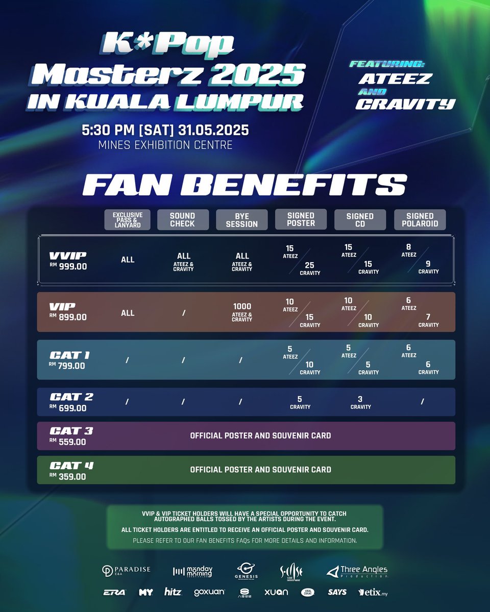 MyKpopHuntress's tweet photo. PRICE ADJUSTMENT ‼️

KPOP Masterz 2025 in Kuala Lumpur 🇲🇾 featuring ATEEZ & CRAVITY

🗓 31 May 2025 | 5:30PM
📍 MIECC, Kuala Lumpur
🎟 RM999-RM359

✨️Ticket OPEN✨️
📅 10 MAY 2026 12PM via 🔗 https://t.co/XTQi0IYeC7

Organized by: Genesis Entertainment
Co-Organized by: https://t.co/iTLwPdRRkk Entertainment and Three Angles Production

#KpopMasterzinKualaLumpur
#KPMinKualalumpur #GenesisEntertainment #scaseentertainment #ThreeAnglesProduction @Threeanglespro #ATEEZ #CRAVITY #ATEEZinMY #CRAVITYinMY