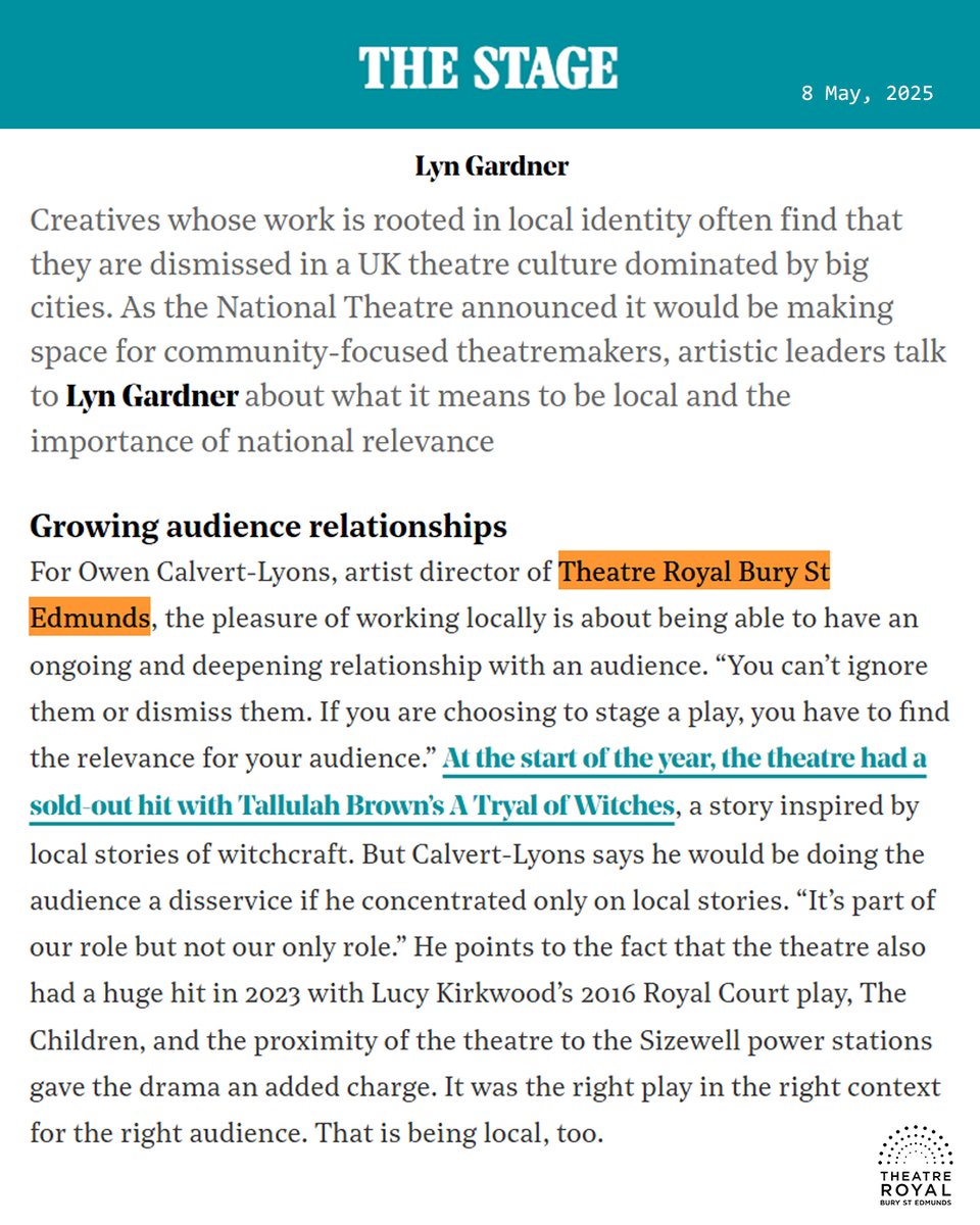 "Speaking to the nation: why local theatre is having its moment." by <a href="/lyngardner/">lyngardner</a> for <a href="/TheStage/">The Stage</a>.

We are a proud producing house, making at least four productions a year ourselves ✨ We plan our productions years in advance and our team always consider our local audience and how