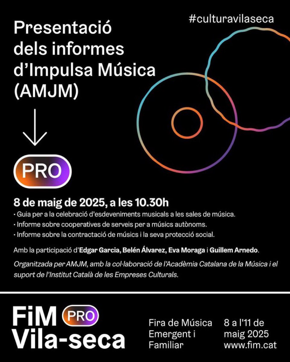 Empreses culturals (@icec_cat) on Twitter photo A la <a href="/Fimvilaseca_/">☆FiM Vila-seca☆</a> PRO, l’<a href="/amjmcat/">AMJM Assoc. Músics Jazz i Música Moderna Catalunya</a> presenta els informes Impulsa Música.
📑 Entre ells, un estudi sobre la contractació de músics i la seva protecció social, elaborat en el marc del Pla d’impuls de la música de Catalunya.
Consulta’l!
👀 issuu.com/icec_generalit… A la <a href="/Fimvilaseca_/">☆FiM Vila-seca☆</a> PRO, l’<a href="/amjmcat/">AMJM Assoc. Músics Jazz i Música Moderna Catalunya</a> presenta els informes Impulsa Música.
📑 Entre ells, un estudi sobre la contractació de músics i la seva protecció social, elaborat en el marc del Pla d’impuls de la música de Catalunya.
Consulta’l!
👀 issuu.com/icec_generalit…