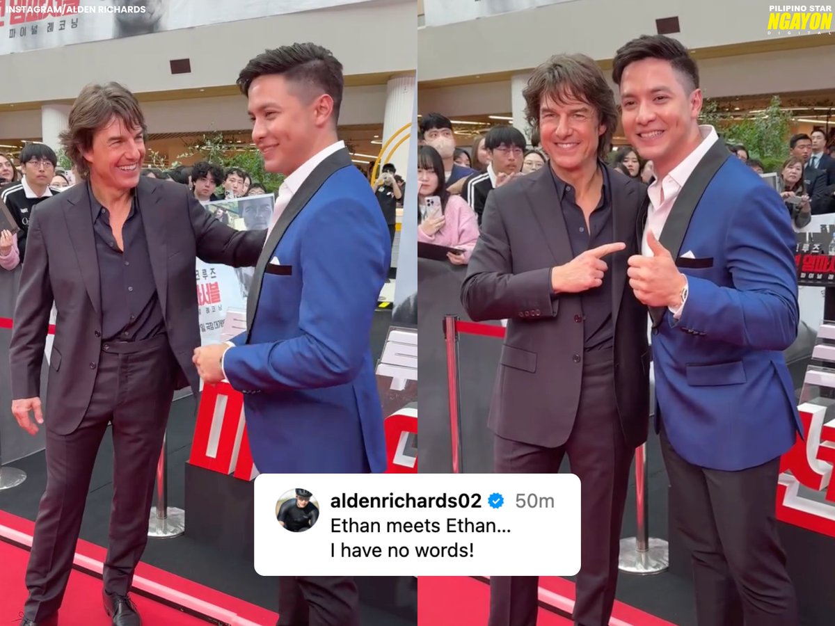 ALDEN MEETS TOM CRUISE 🤩

Aktor na si Alden Richards, nag-post sa Instagram ng isang video kung saan makikita na na-meet niya ang American actor na si Tom Cruise habang sila’y nasa South Korean premiere ng movie nito na “Mission Impossible: The Final Reckoning.”