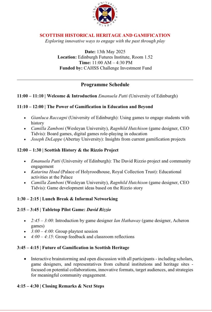 Looking forward to welcolming scholars in gamification, game designers and heritage institutions for this workshop on ‘Scottish Historical Heritage and Gamification’. 👇Tabletop pilot game on #DavidRizzio will also be tested on this occasion!