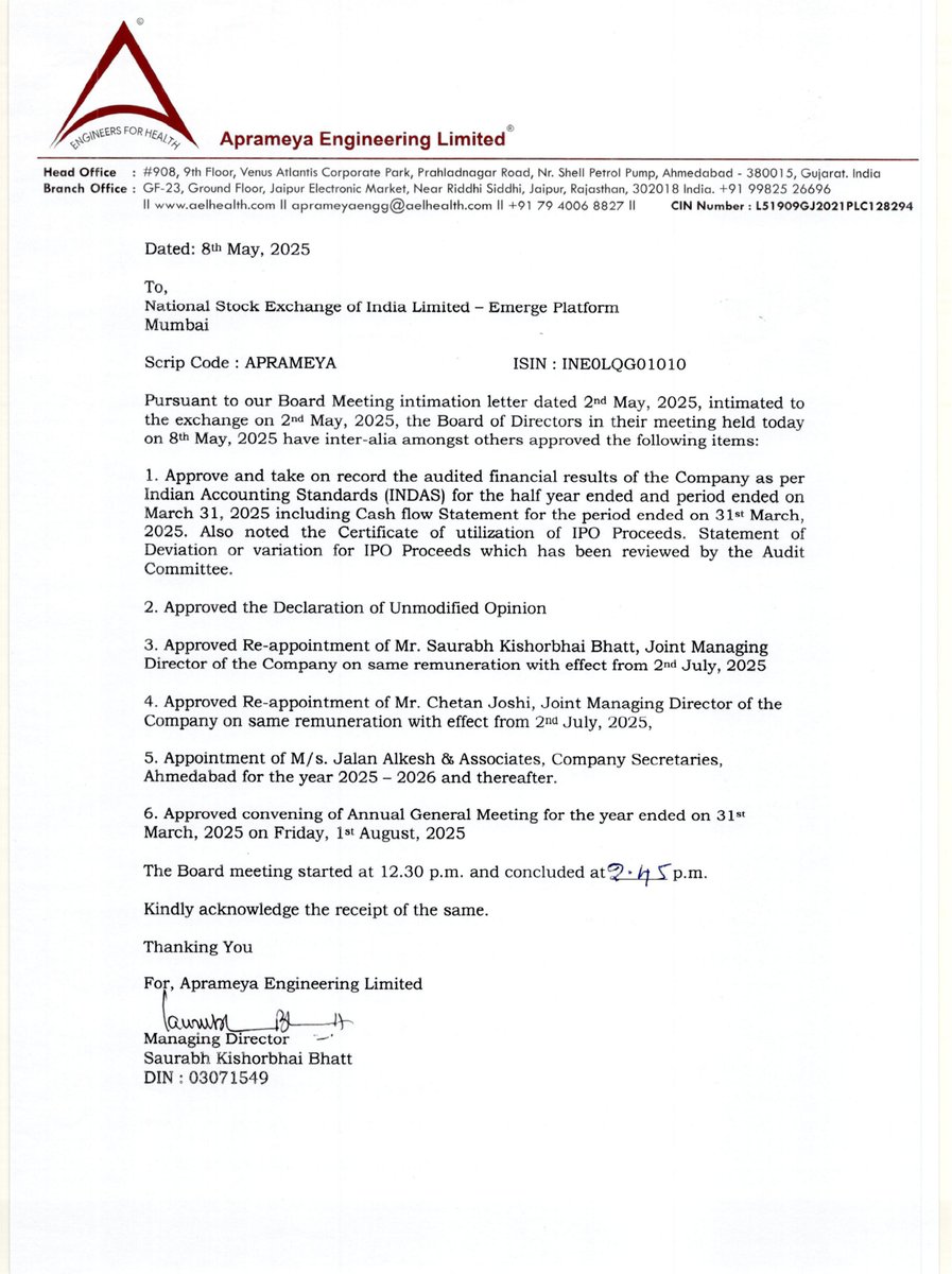 nileshkurhade's tweet photo. π Aprameya Engineering Limited informed the exchange about its approval for the financial results for the period ended March 31, 2025. #SME #APRAMEYA ππ§Ύ https://t.co/Z4Wc5gBRuF