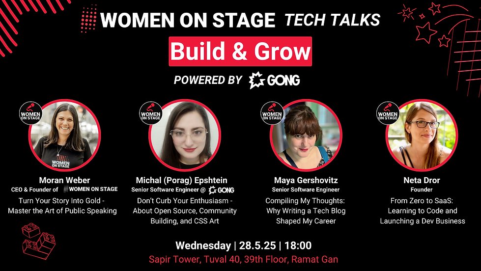 ב28.5 אצטרף ל3 נשים מוכשרות (<a href="/moranWeber/">Moran Weber</a> <a href="/MichalPorag/">Michal Epshtein (Porag)</a> <a href="/mayaGBar/">Maya Gershovitz Bar 👩🏻‍💻 | she/her</a>) למיטאפ בנושא Build &amp; Grow במשרדים של חברת גונג.  

פרטים בלינק: womenonstage.net/event-details/…

נדבר על בנייה בעידן הAI: בין אם זה השקת פרויקט צד, עסק, יצירת הרצאה טכנולוגית, כתיבת בלוג או בניית קהילה, האפשרויות הן בלתי