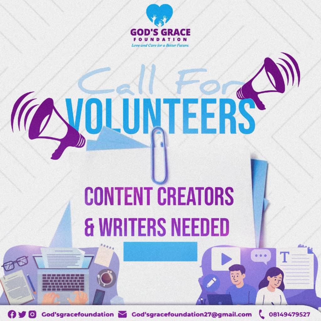 Are you passionate about writing or creating content? Join us as a volunteer and use your creativity to support a meaningful cause!

✅ Remote 
✅ Build your portfolio 
✅Make a real impact
💌 To apply, send your application to 07040524726, 08146617671, 07061930648
#ggf #content