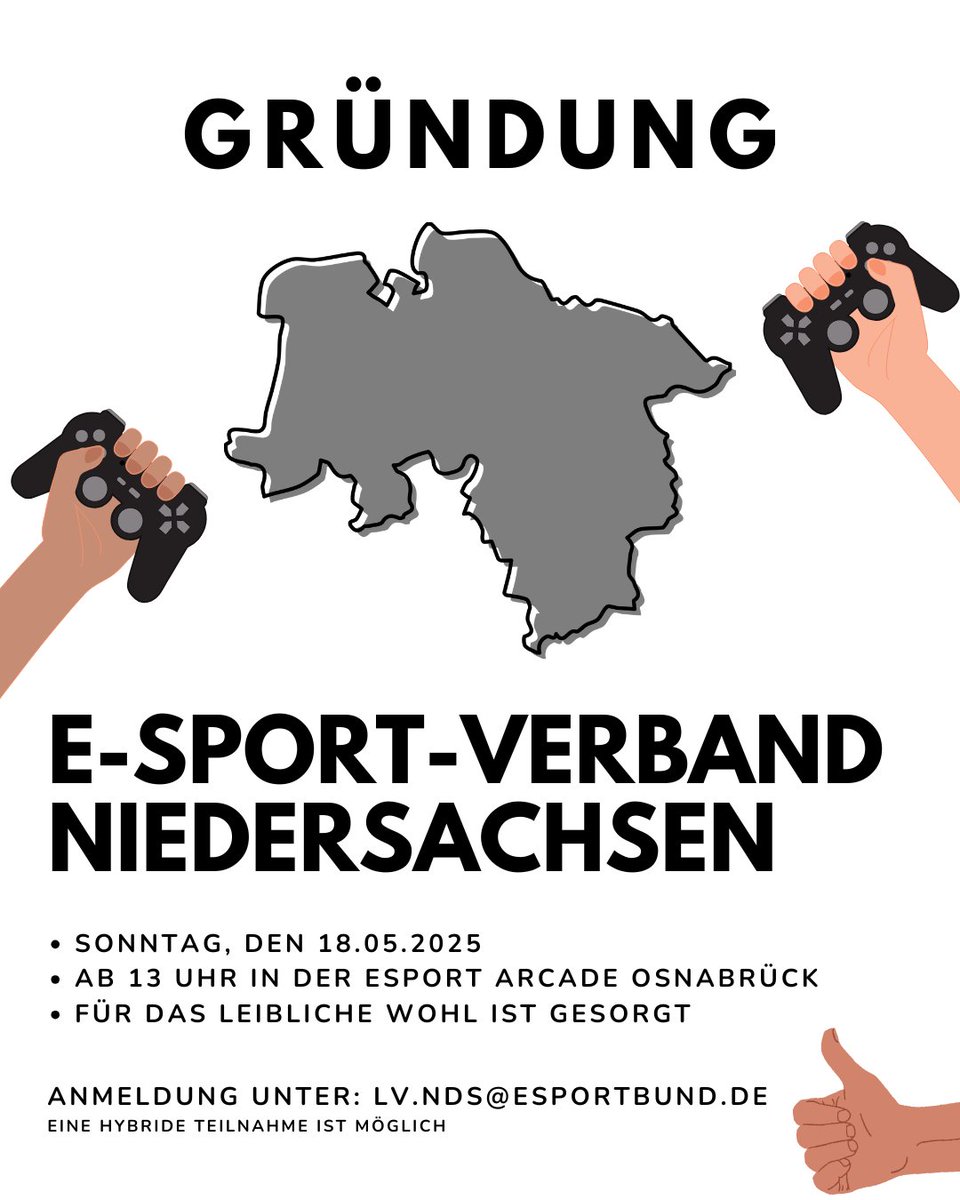 🔴⚪ Gründungsversammlung des E-Sport-Verband Niedersachsen 🔴⚪

Endlich ist es so weit &amp; auch #Niedersachsen wagt diesen bedeutenden Schritt für den #esport. Zu diesem Anlass möchten wir alle Akteur:innen herzlich zur Teilnahme &amp; Beteiligung am 18.05. ab 13 Uhr einladen 📬