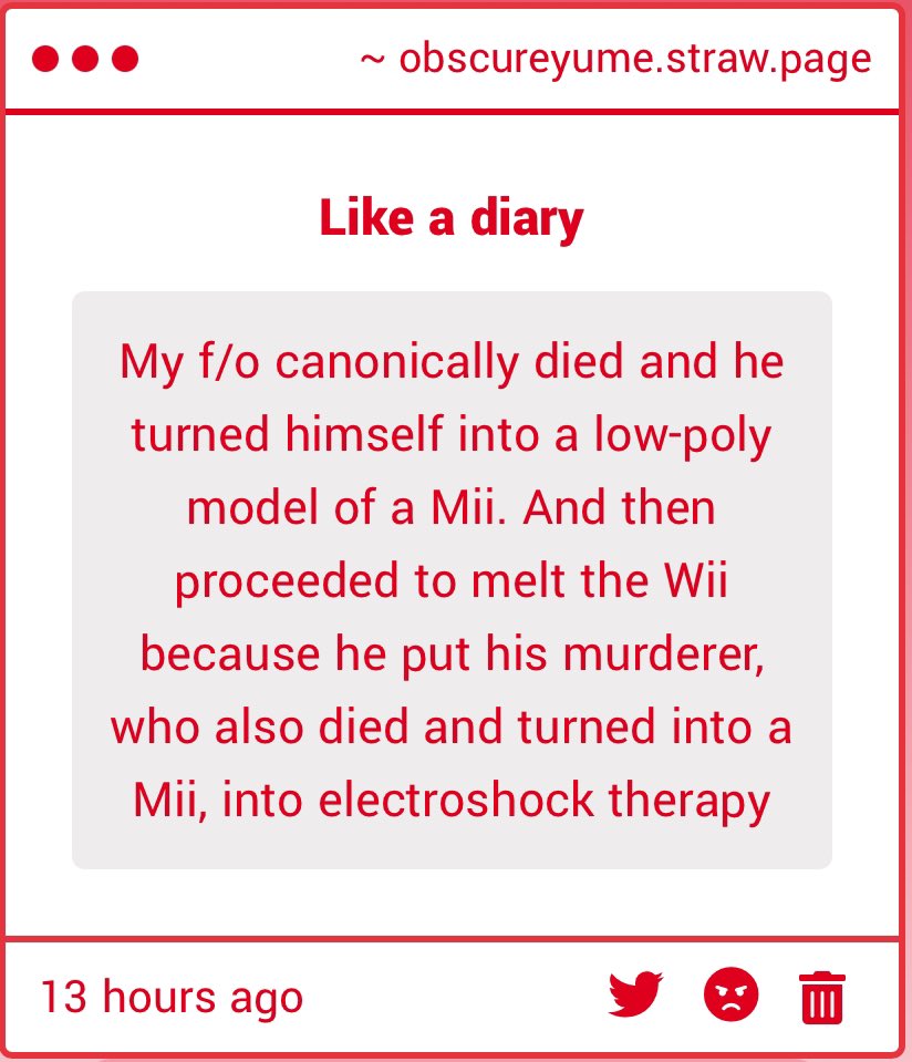 My f/o canonically died and he turned himself into a low-poly model of a Mii. And then proceeded to melt the Wii because he put his murderer, who also died and turned into a Mii, into electroshock therapy