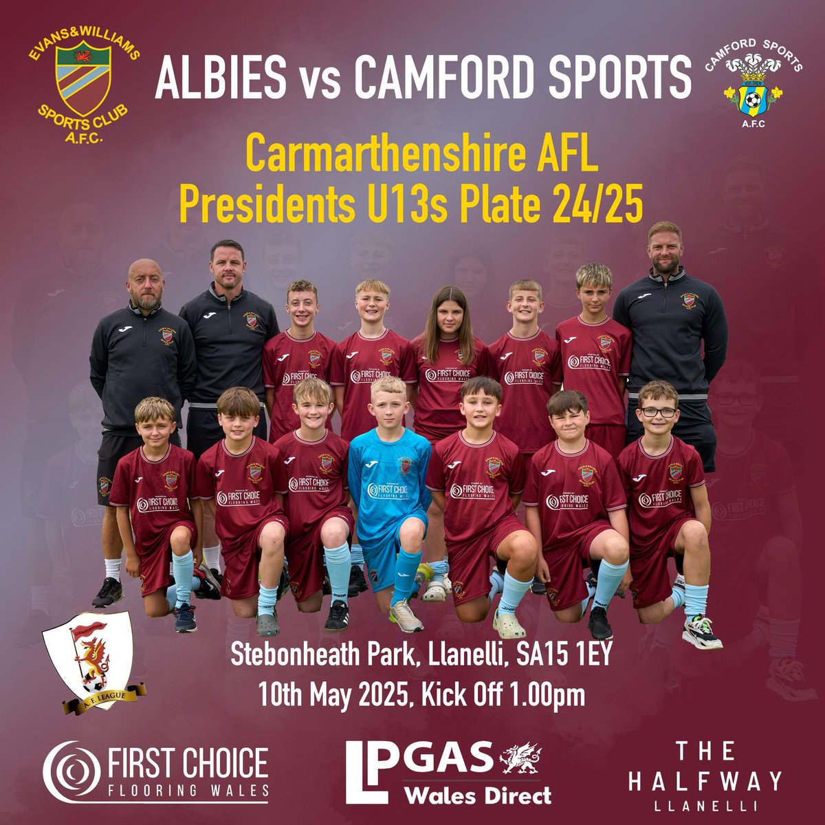 On Saturday we play the last of 6 junior cup finals at Stebonheath Park when our Under 13’s take on Camford in the Carmarthenshire League plate final. 

🏆 Carmarthenshire AFL 
🏐 Camford Sports
📅 Sat May 10th
⏱️ 1pm
📍 Stebonheath Park, Llanelli
🎟️ £5 - Adults/£3 - Children