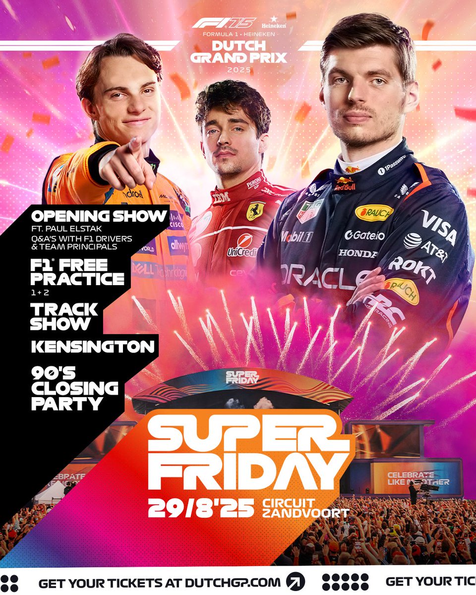 𝗦𝘂𝗽𝗲𝗿 𝗙𝗿𝗶𝗱𝗮𝘆 – 𝗮𝗿𝗲 𝘆𝗼𝘂 𝗿𝗲𝗮𝗱𝘆? 
From driver interviews to the ultimate Closing Party with <a href="/kensington/">.</a> – don’t miss a second🔥

#DutchGP #F1 #Formula1 #SuperFriday