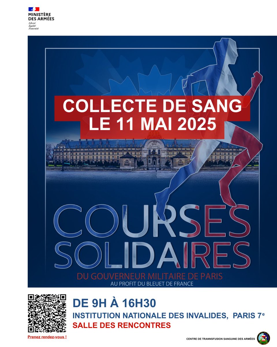 SantéArmées (@santearmees) on Twitter photo 📆11/5 | Grande collecte de sang aux Invalides
Lors des courses solidaires du <a href="/Gouv_mili_Paris/">Gouverneur militaire de Paris (GMP)</a> au profit du <a href="/BleuetFrance/">Bleuet de France</a>, le Centre de transfusion sanguine des #armées lance un appel aux dons
🅰️ 🅱️ 🆎 🅾️Tous les groupes sanguins sont essentiels
RDV sur : ctsa.reservio.com 📆11/5 | Grande collecte de sang aux Invalides
Lors des courses solidaires du <a href="/Gouv_mili_Paris/">Gouverneur militaire de Paris (GMP)</a> au profit du <a href="/BleuetFrance/">Bleuet de France</a>, le Centre de transfusion sanguine des #armées lance un appel aux dons
🅰️ 🅱️ 🆎 🅾️Tous les groupes sanguins sont essentiels
RDV sur : ctsa.reservio.com