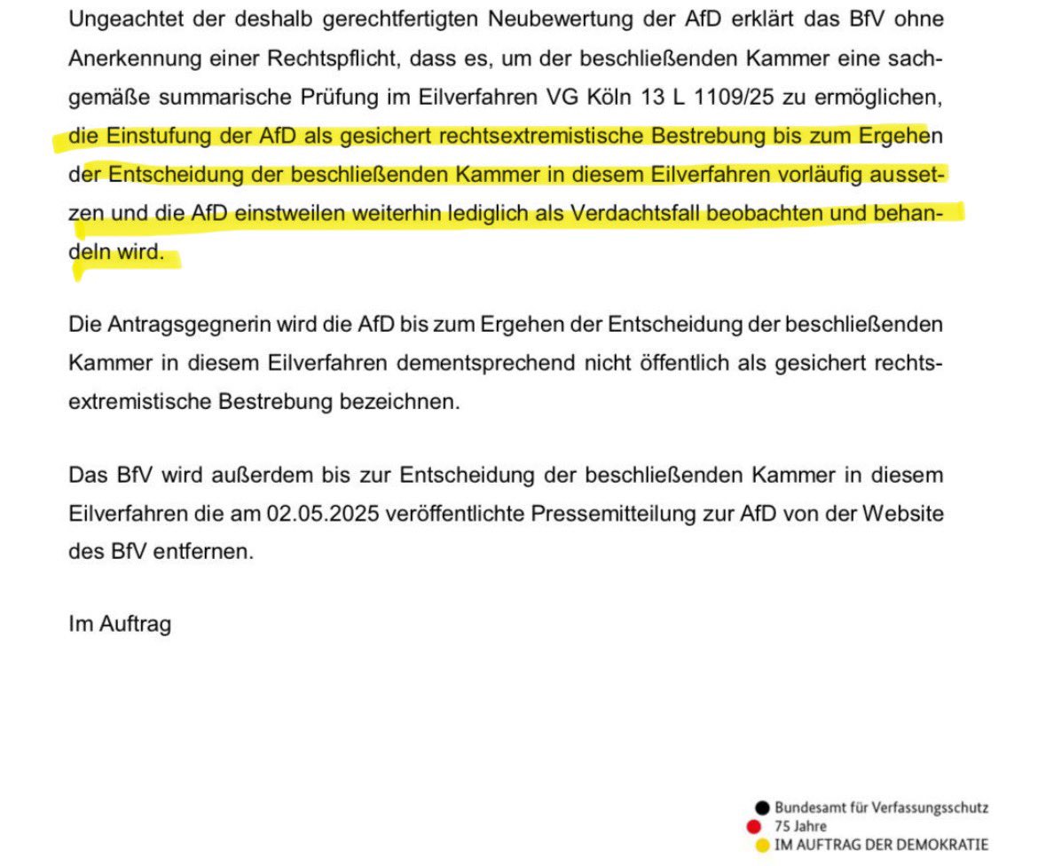 EILMELDUNG❗️

Der Verfassungsschutz nimmt die Hochstufung der AfD als „gesichert rechtsextremistische Bestrebung“ zurück.