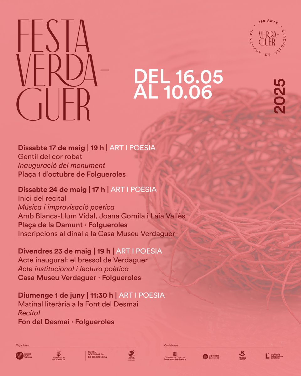FJVerdaguer's tweet photo. La poesia i l’art són protagonistes destacats de la #FestaVerdaguer2025, amb actes com Flors del Desvari, el bressol de Verdaguer o la matinal literària.
👉Consulta tot el programa a https://t.co/ItVi7RguJx
#Folgueroles #Barcelona #FV25 https://t.co/jlqFPcRRoL