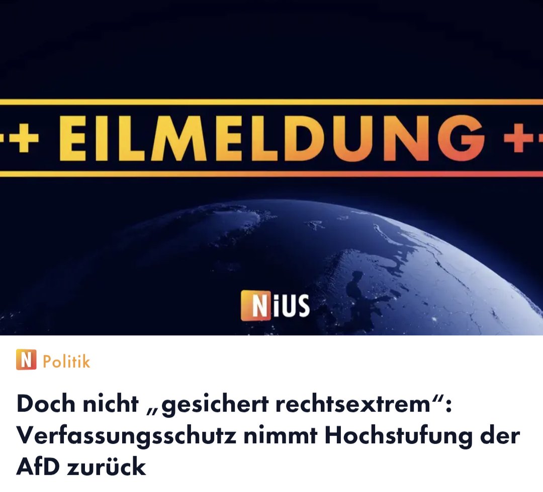 jreichelt's tweet photo. BREAKING NIUS: Verfassungsschutz nimmt Einstufung der AfD als "gesichert rechtsextremistische Bestrebung" zurück.
https://t.co/HzKzaZPIFH https://t.co/eMa9mpVTEB