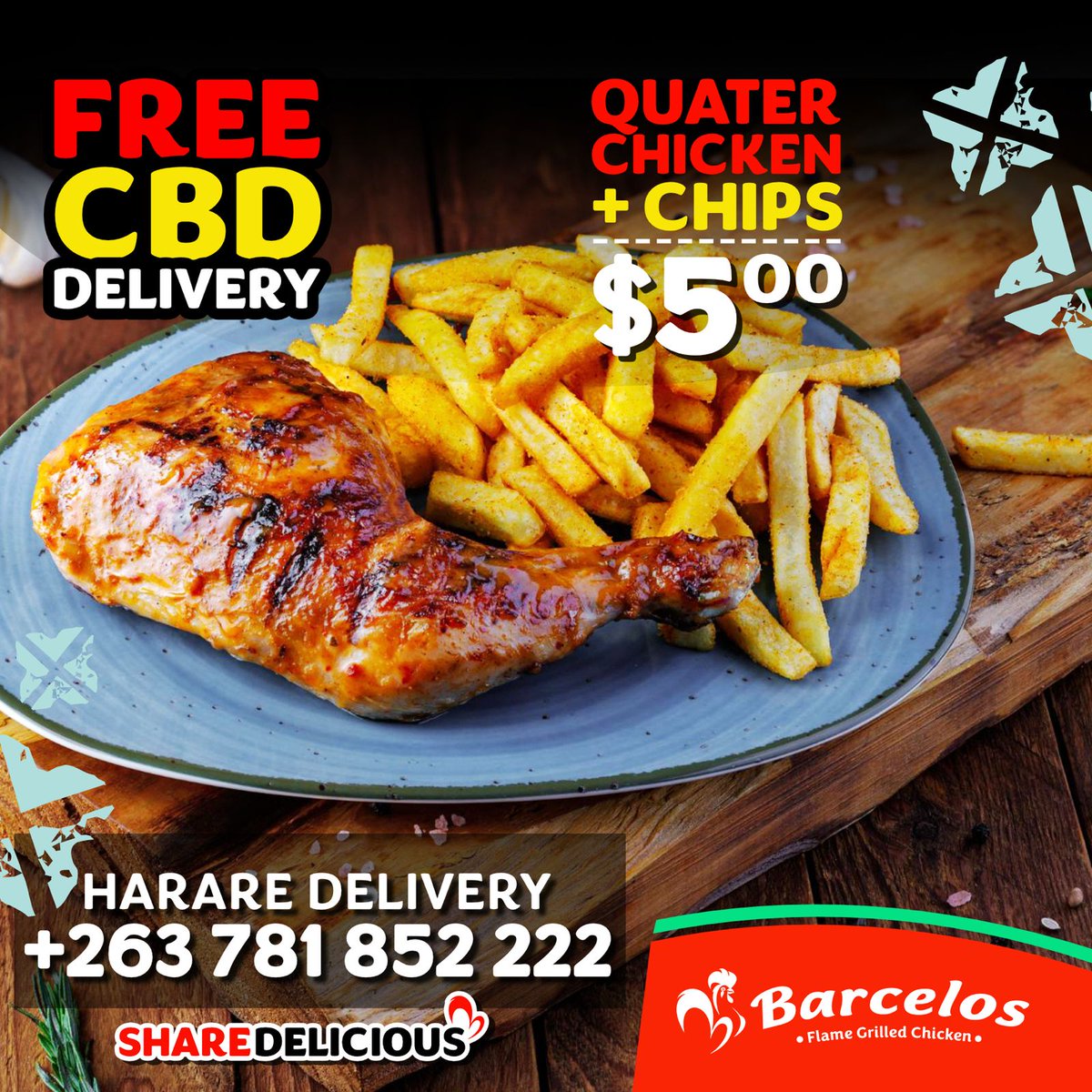 BarcelosZim's tweet photo. 🚴‍♂️🔥 Barcelos is blazing through Harare!
🍗 FREE CBD Delivery – straight to your door
📍 Just whatsapp: +263 781 852 222
🐓 Hot meals, fast wheels
❤️‍🔥 #ShareDelicious https://t.co/bR1adAHgtR