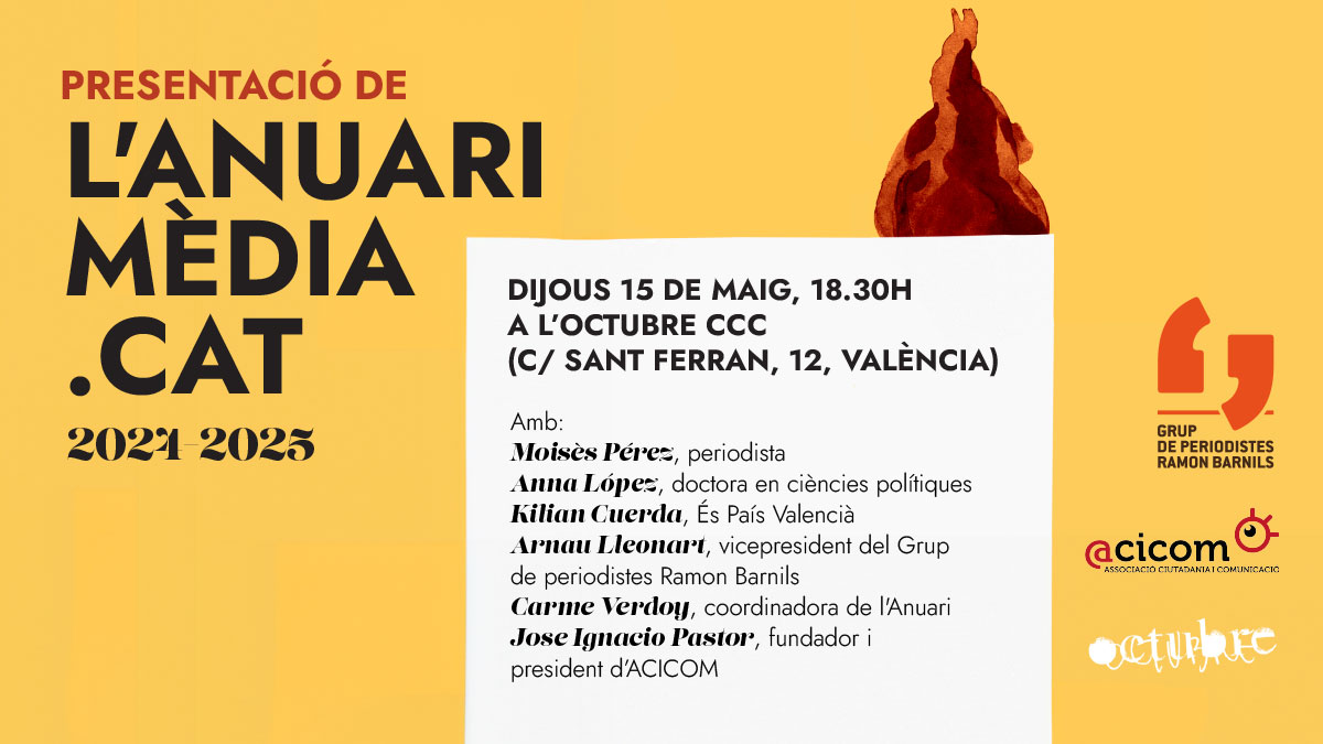 ❗️Presentem l’Anuari mèdia.cat a València!

🗓️ El proper dijous 15 de maig a les 18.30 h a l'<a href="/OctubreCCC/">OctubreCCC</a> 

🗣️ Amb <a href="/acicom_/">ACICOM-Ciutadania i Comunicació</a>, <a href="/lleo_nart/">Arnau Lleonart</a>, <a href="/carmevt/">carme verdoy</a>, <a href="/EsPaisValencia/">És País Valencià 🔥</a>, <a href="/unioperiodistes/">Unió de Periodistes</a>, Anna López, Moisès Pérez.

Defensem el periodisme contra l'odi i la desinformació!