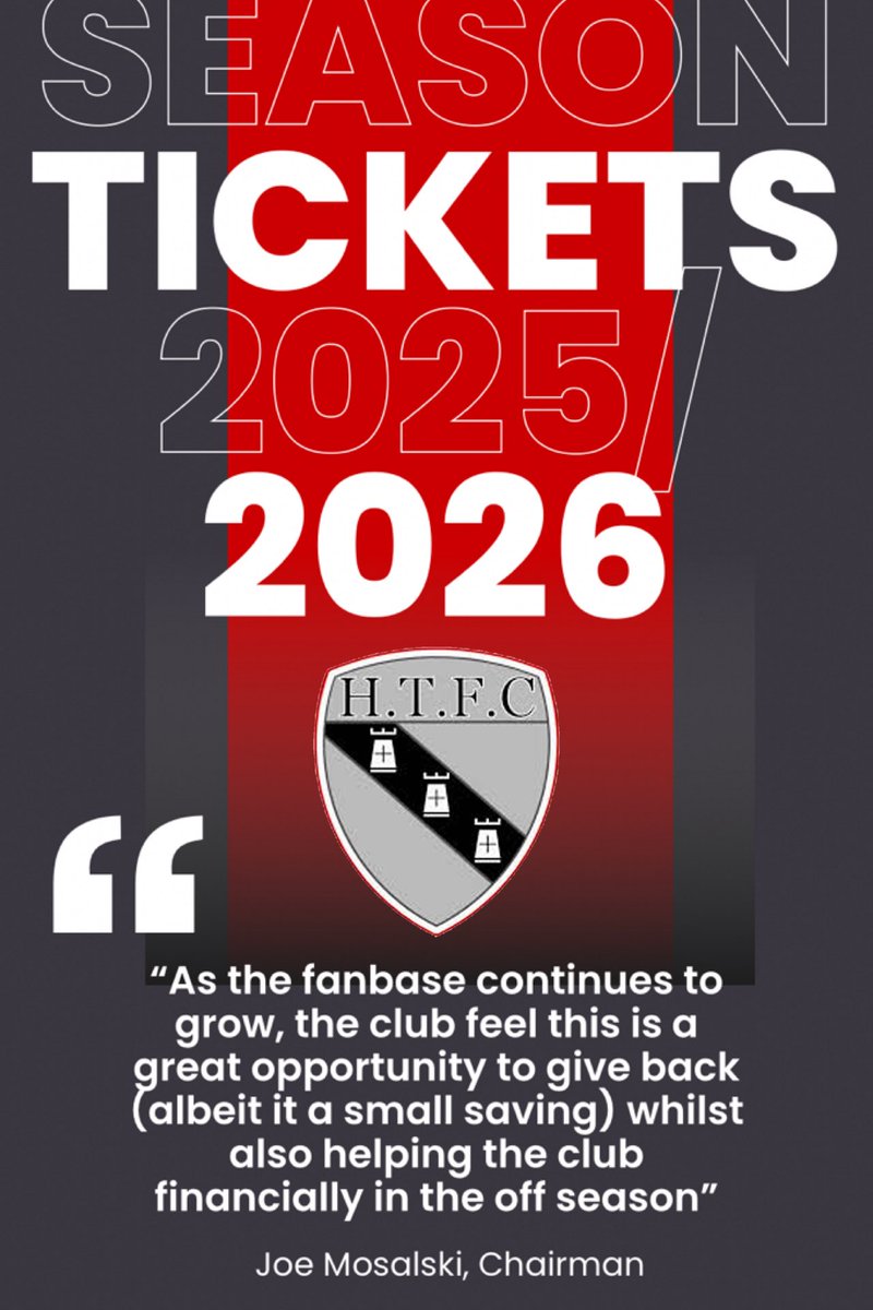 𝐒𝐄𝐀𝐒𝐎𝐍 𝐓𝐈𝐂𝐊𝐄𝐓𝐒 🎟️

Due to popular demand, the club have decided to go ahead with season tickets for 25/26! 

Whilst the saving is a small one, it’s great for fans to be able to help financially in the off season, whilst the club giving something back as a thank you.