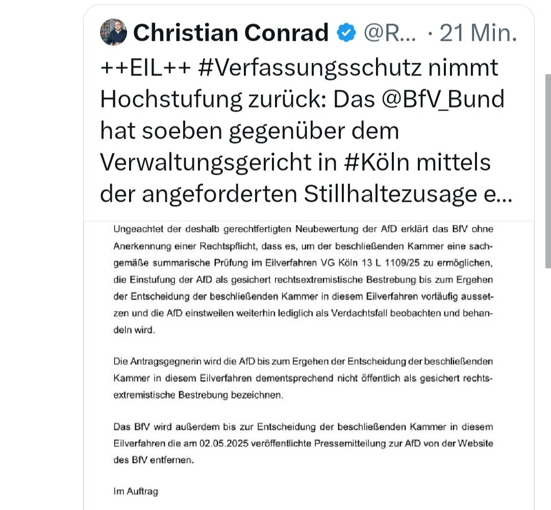 EIL: Laut Rechtsanwalt Christian Conrad nimmt der Verfassungsschutz die Einstufung der AfD als gesichert rechtsextrem vorläufig zurück!
Hat da jemand Angst bekommen?