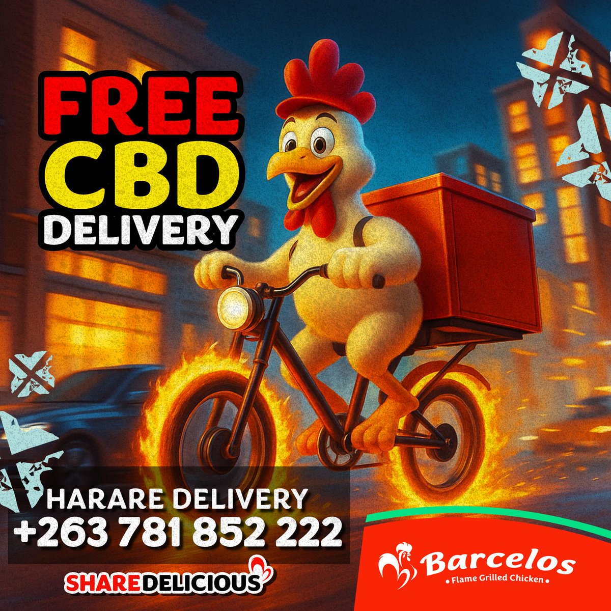 BarcelosZim's tweet photo. 🚴‍♂️🔥 Barcelos is blazing through Harare!
🍗 FREE CBD Delivery – straight to your door
📍 Just whatsapp: +263 781 852 222
🐓 Hot meals, fast wheels
❤️‍🔥 #ShareDelicious https://t.co/bR1adAHgtR