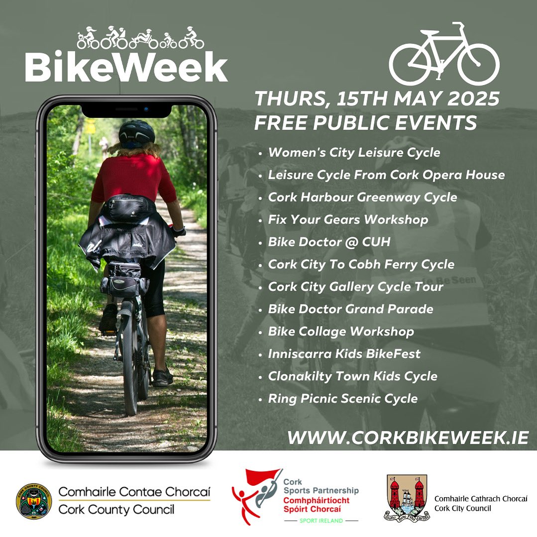 🤩🚲 Bike Week Cork | Thurs, 15th May Public Events ✨

Bike Week Cork kicks off this Saturday, check out just some of the free, fun public events for next Thursday! 

📆 Sat, 10th - Sun, 18th May
📍 Cork City &amp; County
🚲 Over 320+ Events

ℹ️ corksports.ie/latest-news/bi…