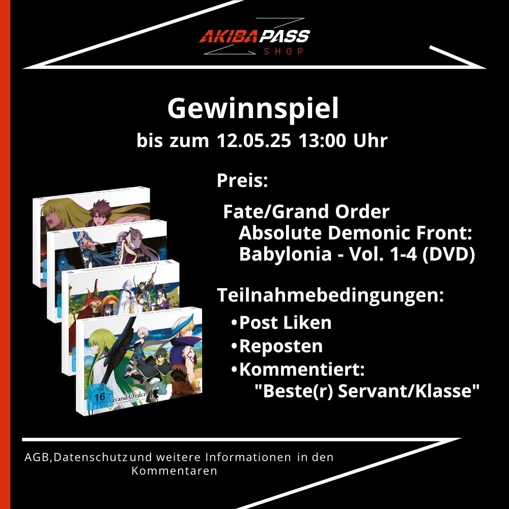 AKIBAPASS's tweet image. Erlebe die epische Schlacht – sichere dir die DVDs von Fate/Grand Order Absolute Demonic Front: Babylonia! ⚔️✨

Die Gewinnspielbedingungen und AGBs sind im Bild und in den Kommentaren.