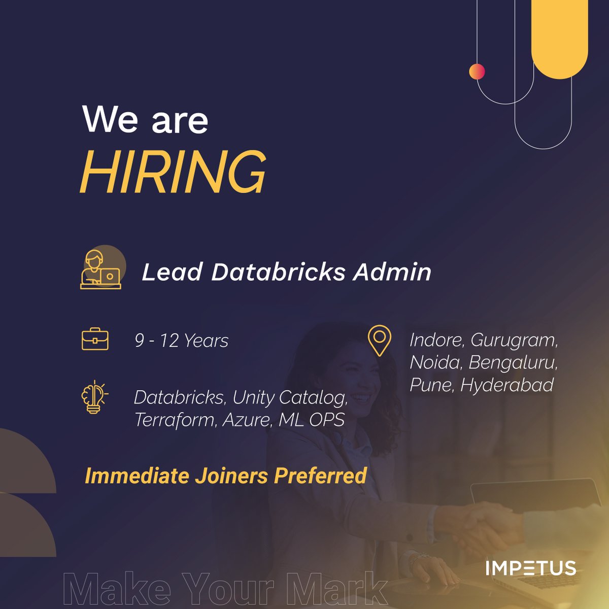 ImpetusLife's tweet image. Exciting Roles Open at Impetus!
We’re on the lookout for top tech talent for the following roles:
🔹 #LeadDatabricksAdmin
🔹 #BigdataTesting
🔹 #AzureDevOpsDatabricksAdmin
If you're ready to be a part of the engineering evolution, Apply Now - bit.ly/4cBk1XB