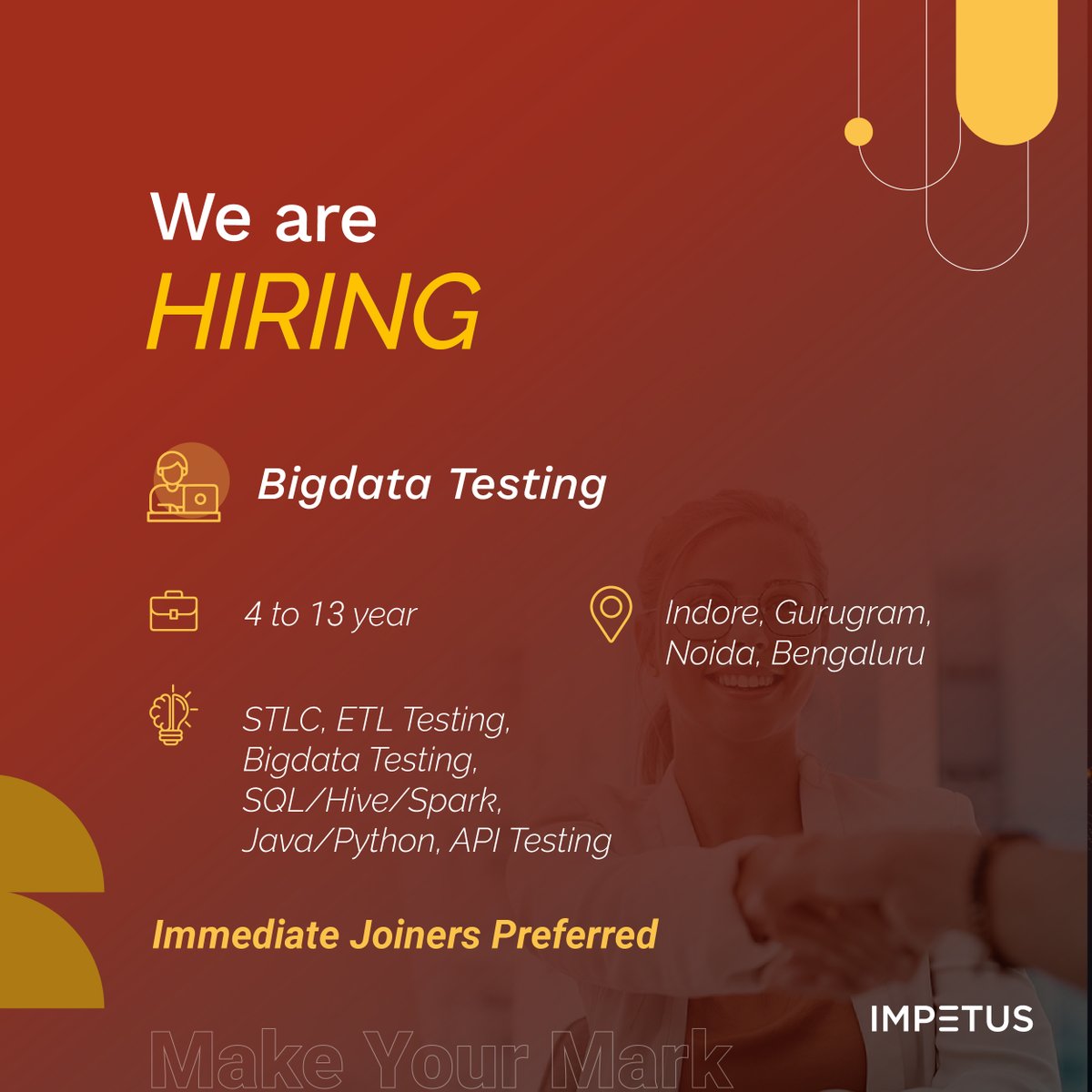 ImpetusLife's tweet image. Exciting Roles Open at Impetus!
We’re on the lookout for top tech talent for the following roles:
🔹 #LeadDatabricksAdmin
🔹 #BigdataTesting
🔹 #AzureDevOpsDatabricksAdmin
If you're ready to be a part of the engineering evolution, Apply Now - bit.ly/4cBk1XB