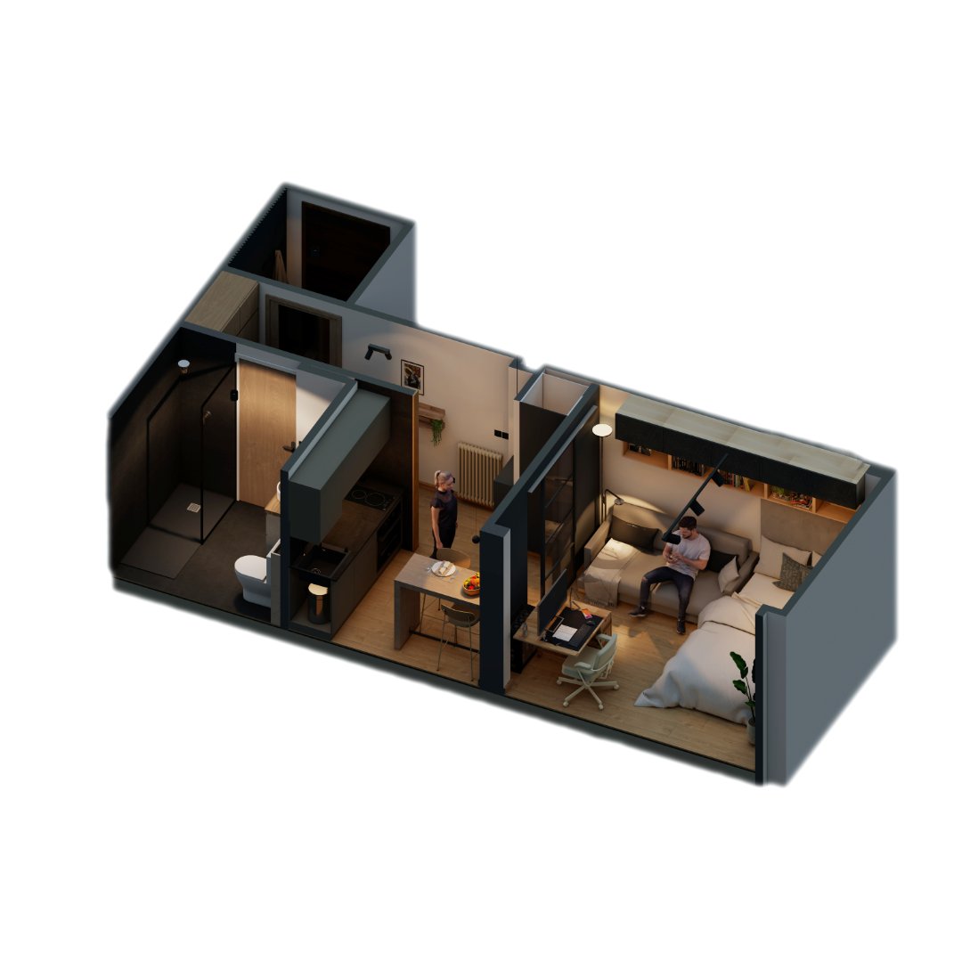 He vuelto a sacar renders de mi apartamento en Santiago de Compostela. Menos de 30m2, muchísimas horas midiendo y organizando el espacio. Sé que no es mucho pero estoy bastante orgulloso de cómo lo estoy dejando (y lo que falta). Dentro hilo 🧵👇