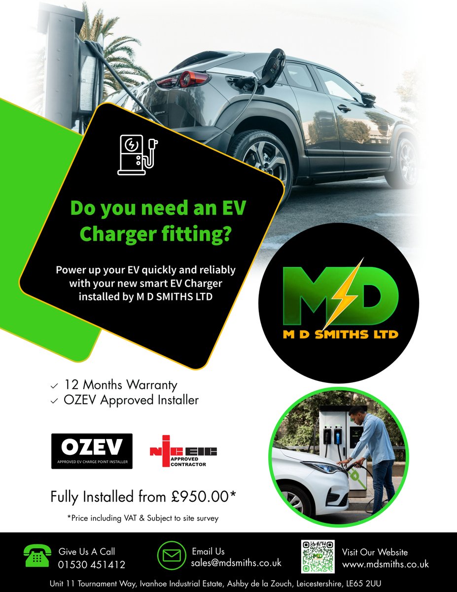 MDSMITHSLTD's tweet photo. EV Charger🔋🔌🚗
✅OZEV - Approved Installer
 ✅Safe &amp; compliant installations
✅Supply &amp; Installation or Installation - Only
✅Full Electrical Certification Provided
✅Compatible with all major EV brands
✅Residential &amp; commercial solutions
 ✅Clean, efficient, and future-ready https://t.co/31DTbLjfH7