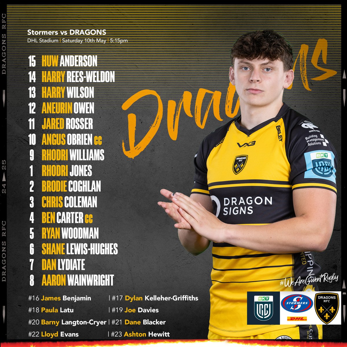 Dragons RFC π (@dragonsrfc) on Twitter photo π₯ π§πππ | Your π line-up as we face Stormers in South Africa on Saturday! πΏπ¦
Β©οΈ Captain Ben Carter returns πͺ
π Dan Lydiate makes 150th appearance in <a href="/URCOfficial/">BKT United Rugby Championship (URC)</a> π
π¨ Anderson joins Rees-Weldon and Rosser in back three π€©
#WeAreGwentRugby π₯ π§πππ | Your π line-up as we face Stormers in South Africa on Saturday! πΏπ¦
Β©οΈ Captain Ben Carter returns πͺ
π Dan Lydiate makes 150th appearance in <a href="/URCOfficial/">BKT United Rugby Championship (URC)</a> π
π¨ Anderson joins Rees-Weldon and Rosser in back three π€©
#WeAreGwentRugby