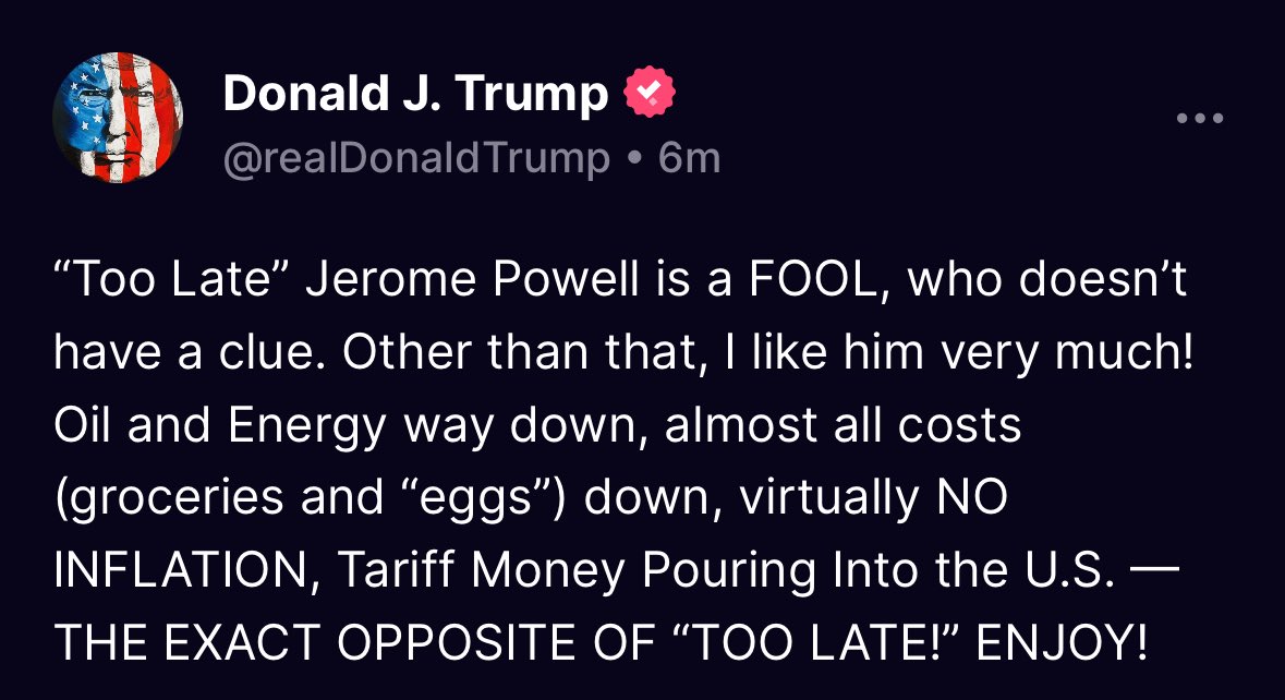 🟦"Trump contro Powell: 'Troppo tardi, è un idiota' dopo la decisione della Fed sui tassi"