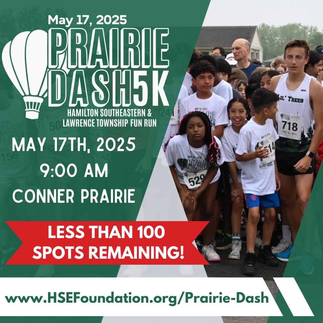 Hamilton Southeastern Education Foundation (@hsefoundation) on Twitter photo Less than 100 spots remaining for the 2025 Prairie Dash 5k! Join us on May 17th for this family friendly run through Conner Prairie.
hsefoundation.org/Prairie-Dash Less than 100 spots remaining for the 2025 Prairie Dash 5k! Join us on May 17th for this family friendly run through Conner Prairie.
hsefoundation.org/Prairie-Dash