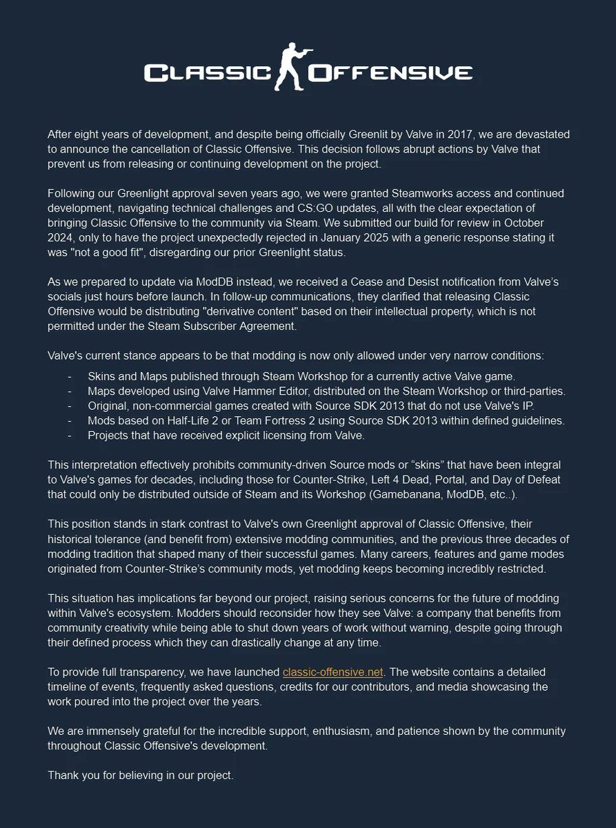 Valve lost their ways, they became the polar opposite of what made them sucessfull in the first place, giving hobby developers the chance to shine and gameplay and fun being the first thing in mind
#AllowClassicOffensive 

<a href="/CounterStrike/">CS2</a>  <a href="/valvesoftware/">Valve</a> Shame on you!!!