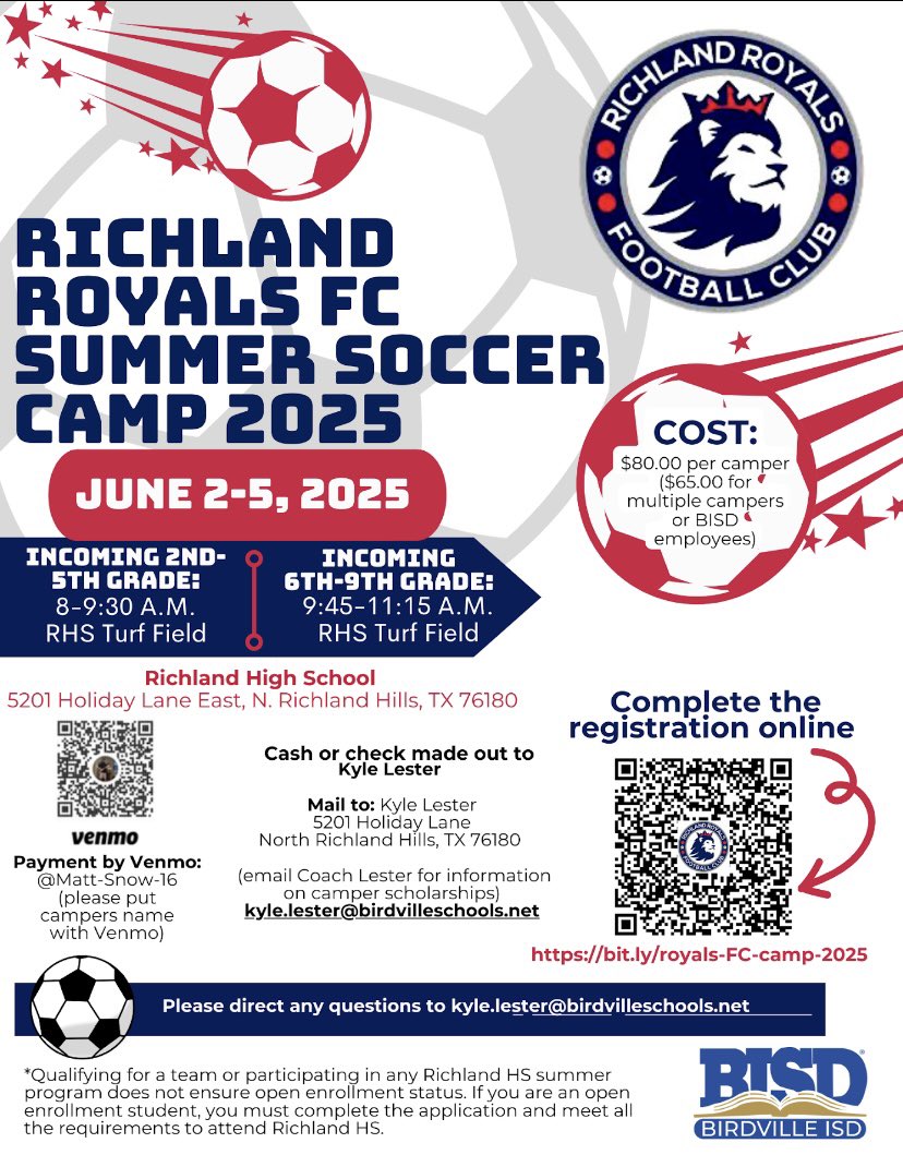 Richland Lady Royals FC ⚽️ (@rhsgirlsoccer16) on Twitter photo Richland Royals FC summer soccer camp is a few weeks away! Have you signed up? <a href="/Gosset41/">Brian Gosset</a> <a href="/dfwvarsity/">dfw varsity</a> <a href="/LethalSoccer/">Coach Duque</a> <a href="/DFW_Girls_HS_VS/">DFW Girls HS Varsity Soccer</a> <a href="/tascosoccer/">TASCO</a> <a href="/Richlandhigh/">Richland High School</a> <a href="/RoyalsSoccerRHS/">Richland Royals Football Club</a> <a href="/BirdvilleISD/">Birdville ISD</a> Richland Royals FC summer soccer camp is a few weeks away! Have you signed up? <a href="/Gosset41/">Brian Gosset</a> <a href="/dfwvarsity/">dfw varsity</a> <a href="/LethalSoccer/">Coach Duque</a> <a href="/DFW_Girls_HS_VS/">DFW Girls HS Varsity Soccer</a> <a href="/tascosoccer/">TASCO</a> <a href="/Richlandhigh/">Richland High School</a> <a href="/RoyalsSoccerRHS/">Richland Royals Football Club</a> <a href="/BirdvilleISD/">Birdville ISD</a>