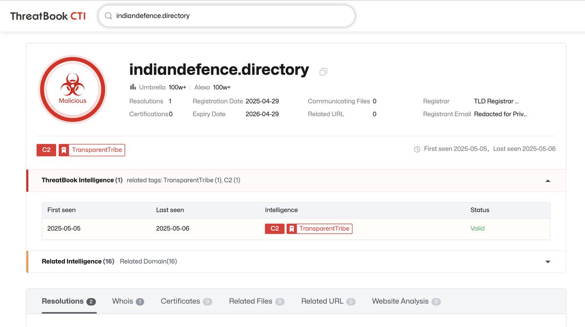 ThreatBookLabs's tweet image. #APT36
#Phishing websites: 
indiandefence[.]directory
kashmiraxxack[.]exposed
#Sha256:
8b0ea6a9e427ac3288663e2f33bc3df5ea01bfdaead81d4b6595b00a6b7c4301 (Advisory Notice Movement of Troops.ppam)
It is related to military movements.
#C2: 93.127.133.58:17241|19821|21817|23221|27425