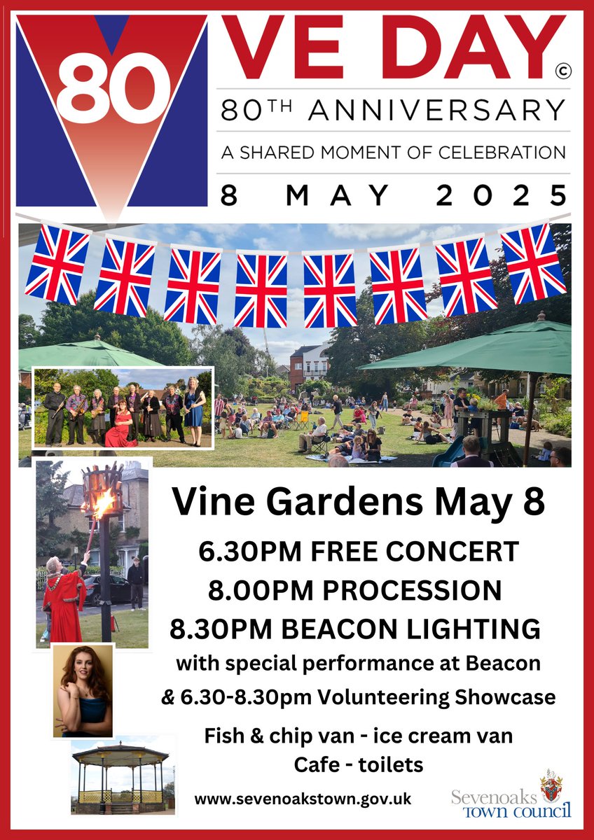 Join us tonight as we mark the 80th anniversary of VE Day with a community event at the Vine Gardens. The event starts at 6.30pm. We hope to see you there!
#SevenoaksTownCouncil #sevenoaks #veday80thanniversary #sevenoaksevents #kentevents