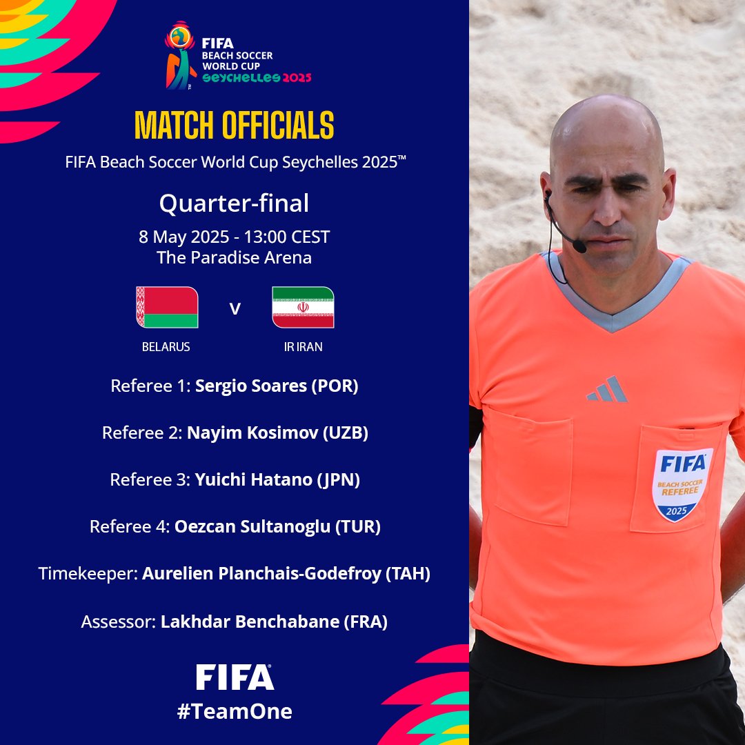 FIFAcom's tweet photo. The match officials for the #BeachSoccerWC quarter-finals have been confirmed.

Catch all the action live on FIFA+ https://t.co/350T3A3LH3