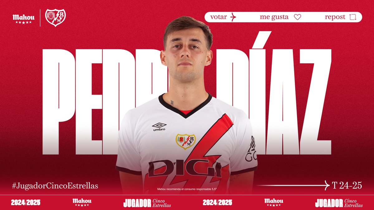 futbolmahou's tweet photo. RT o MG si crees que Pedro Díaz ha sido el #JugadorCincoEstrellas del @RayoVallecano en abril. (6/6) https://t.co/UNOFmlepRG