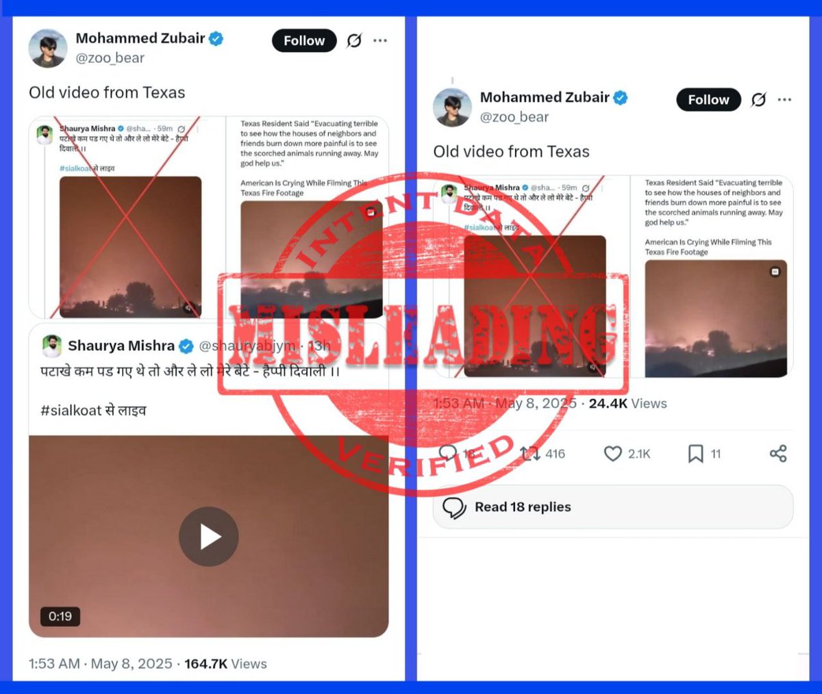 3309
ANALYSIS: Misleading 

FACT: In response to a viral post featuring a nighttime video of a massive fire and explosion, a self-proclaimed fact-checker claimed that the footage is from Texas,uploaded in March 2024.But, D-Intent Data conducted a thorough investigation into (1/6)
