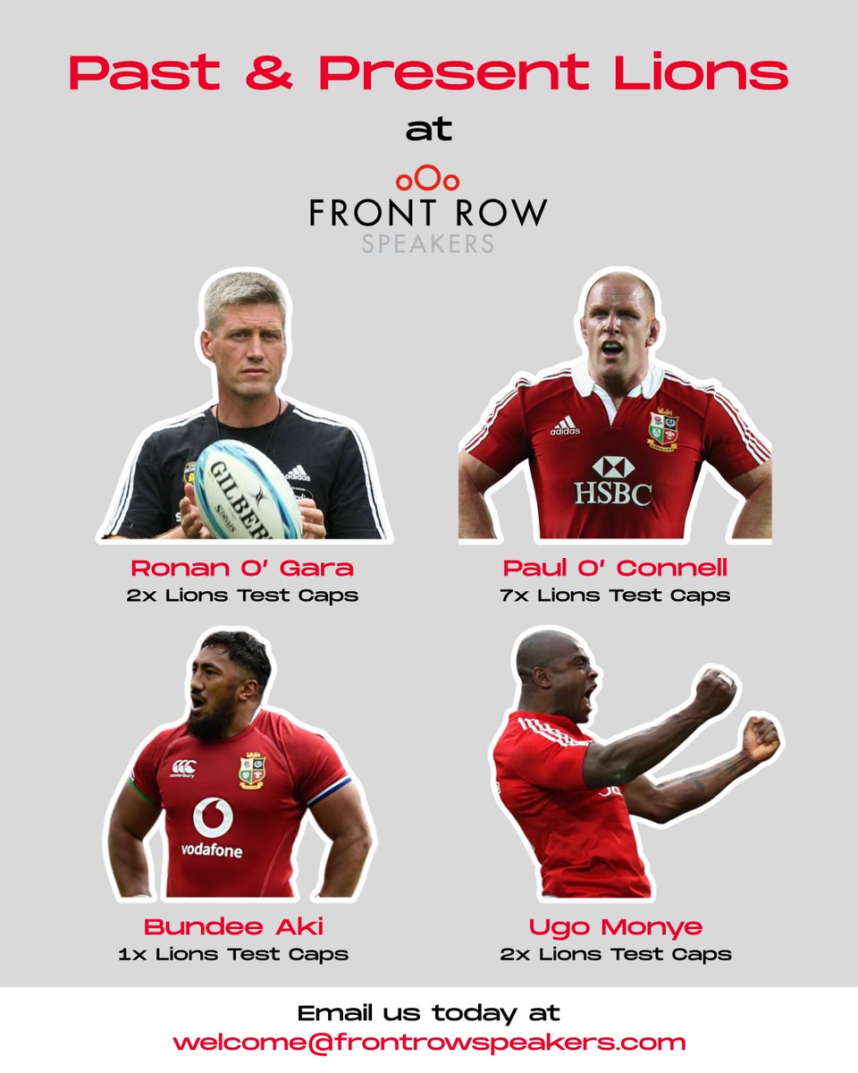 Front Row Speakers (@frspeakers) on Twitter photo The @LionsOfficial squad is announced today, and we’re celebrating legends who’ve roared on the pitch and now inspire from the stage.
ROG, POC, Bundee Aki, Monye: past & present Lions, now part of the Front Row Speakers family.🏉
📧welcome@frontrowspeakers.com
#Lions2025 The @LionsOfficial squad is announced today, and we’re celebrating legends who’ve roared on the pitch and now inspire from the stage.
ROG, POC, Bundee Aki, Monye: past & present Lions, now part of the Front Row Speakers family.🏉
📧welcome@frontrowspeakers.com
#Lions2025