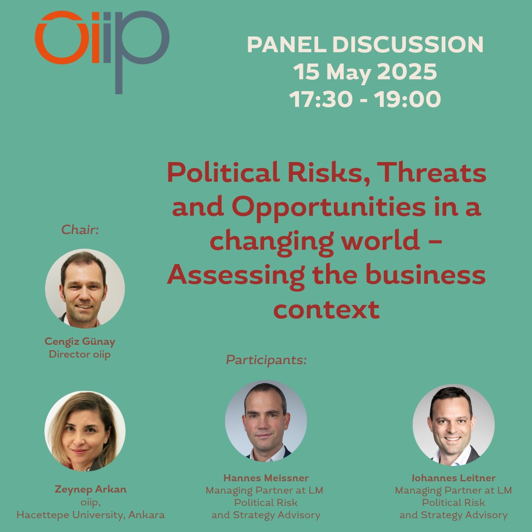 oiip (@infooiip) on Twitter photo Join our panel discussion on 15/5 at the oiip:
Political Risks, Threats and Opportunities in a Changing World – Assessing the Business Context
Speakers:
Zeynep Arkan <a href="/bamboozlahh/">Zeynep Arkan</a>, Johannes Leitner & Hannes Meissner
Chair:
<a href="/cengizkhan/">Cengiz Günay</a>
Register: oiip.ac.at/events/politic… Join our panel discussion on 15/5 at the oiip:
Political Risks, Threats and Opportunities in a Changing World – Assessing the Business Context
Speakers:
Zeynep Arkan <a href="/bamboozlahh/">Zeynep Arkan</a>, Johannes Leitner & Hannes Meissner
Chair:
<a href="/cengizkhan/">Cengiz Günay</a>
Register: oiip.ac.at/events/politic…