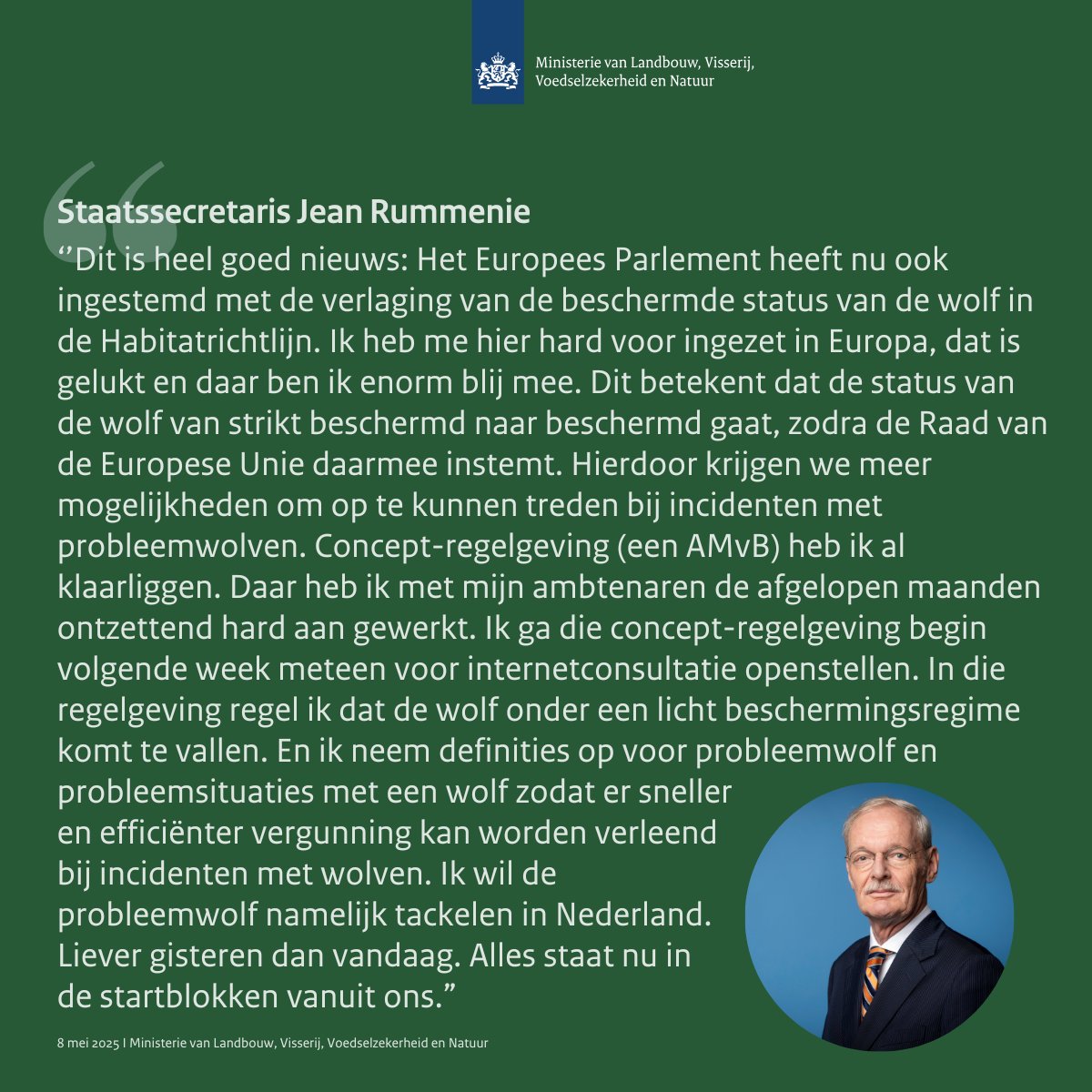 Dit is heel goed nieuws: Het Europees Parlement heeft nu ook ingestemd met de verlaging van de beschermde status van de wolf in de Habitatrichtlijn! Hieronder mijn reactie en de volgende stappen: