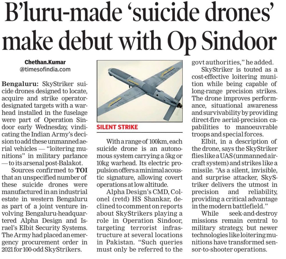 IndexKarnataka's tweet photo. Bengaluru made "Suicide Drones" make debut with #OperationSindoor 

#SkyStriker #MadeInBengaluru 
@IsraelinIndia https://t.co/MCv50UaMcY