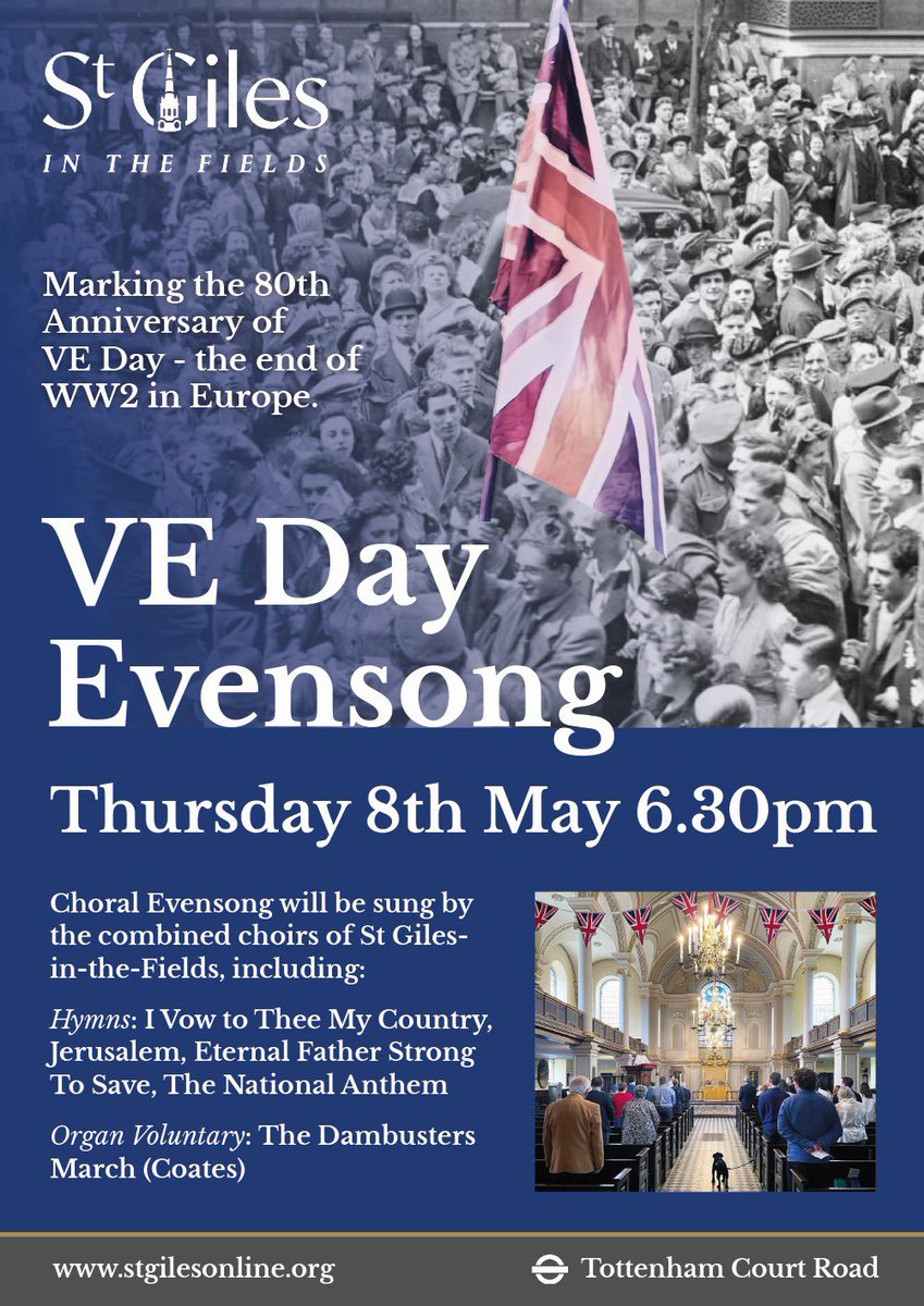 Today is VE Day. 🇬🇧
All welcome at 6.30pm in St Giles as we celebrate the victory and pray for ongoing peace in the world.
🎶Eternal Father strong to save
🎶Jerusalem
🎶I vow to thee my country 
🎶National anthem