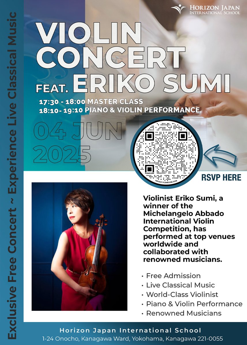 OPEN TO THE PUBLIC: Join us for a special violin concert featuring the renowned Eriko Sumi on Tuesday, June 4th, from 5:30 to 7:10 PM at the HJIS Gymnasium.

This concert is a free community event and part of our school’s ongoing fundraising initiative!