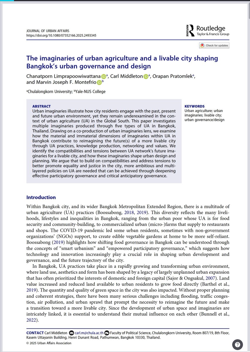 CSDS_Chula's tweet image. Announcing a new #JournalArticle: “The Imaginaries of #urban Agriculture and a Livable City Shaping #BANGKOK's Urban #Governance and Design”. Visit: bit.ly/42O219i