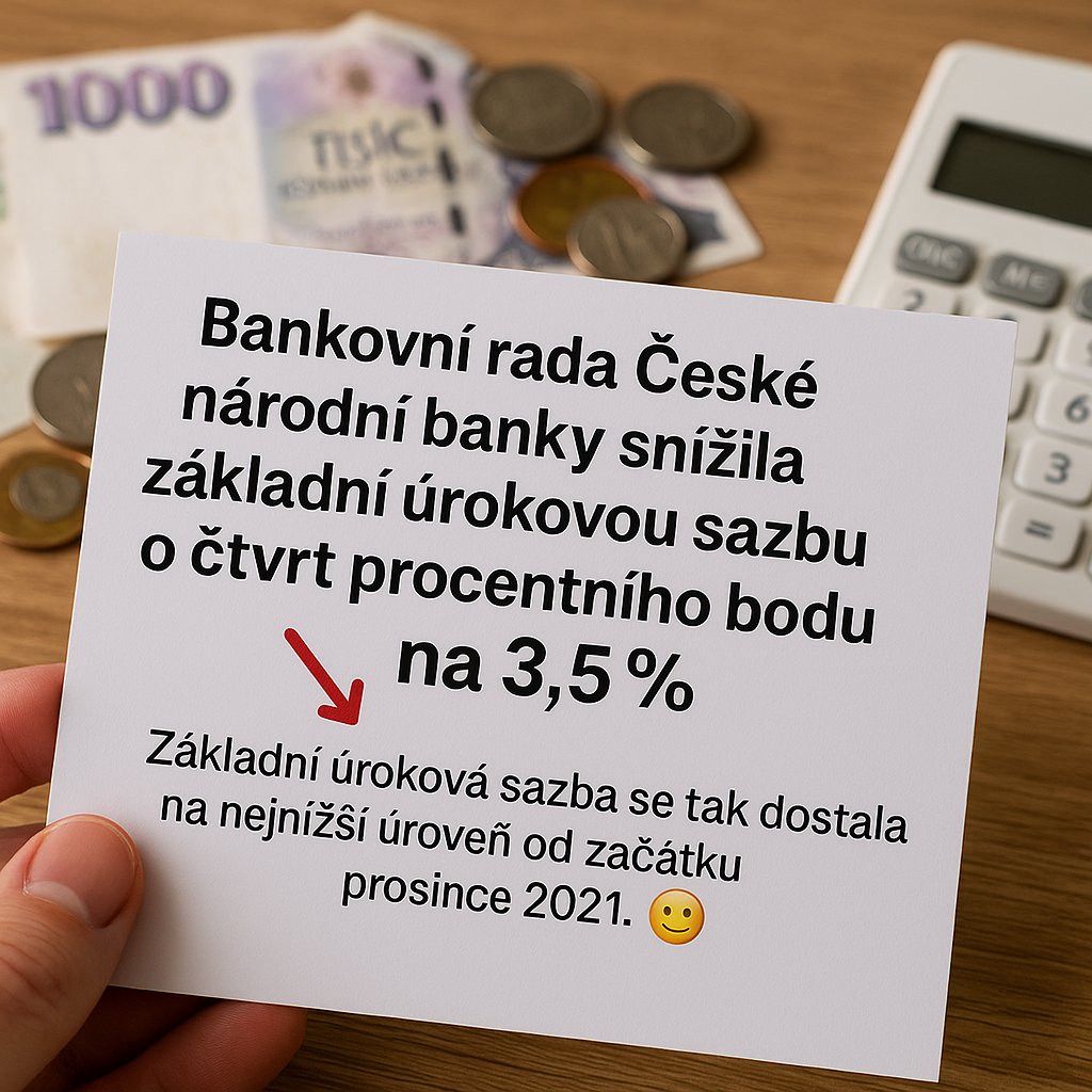 Prochazkamakler's tweet photo. Bankovní rada ČNB snížila základní úrokovou sazbu o 0,25 % na 3,5 %. Co to může znamenat? 👉 Levnější hypotéky, vyšší dostupnost úvěrů a možná i větší chuť lidí investovat do bydlení 🏘️. Chystáte se kupovat nemovitost? Teď může být ten správný čas se začít připravovat 😉📝 https://t.co/yzj0RKh8V3
