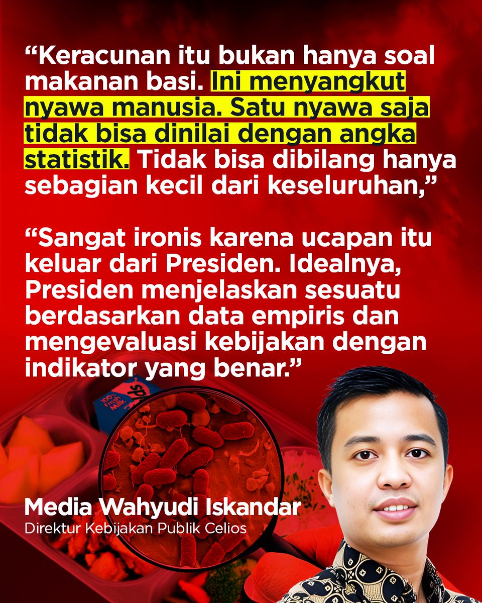 kanalsa_id's tweet photo. Direktur Kebijakan Publik Center of Economic and Law Studies (Celios), Media Wahyudi Iskandar, mengkritik klaim keberhasilan Makan Bergizi Gratis (MBG) Presiden Prabowo Subianto di tengah sorotan mengenai kasus keracunan MBG.
Sc/Kompas.com
#kanalsa #prabowo #mbg https://t.co/E8Te8IODu1